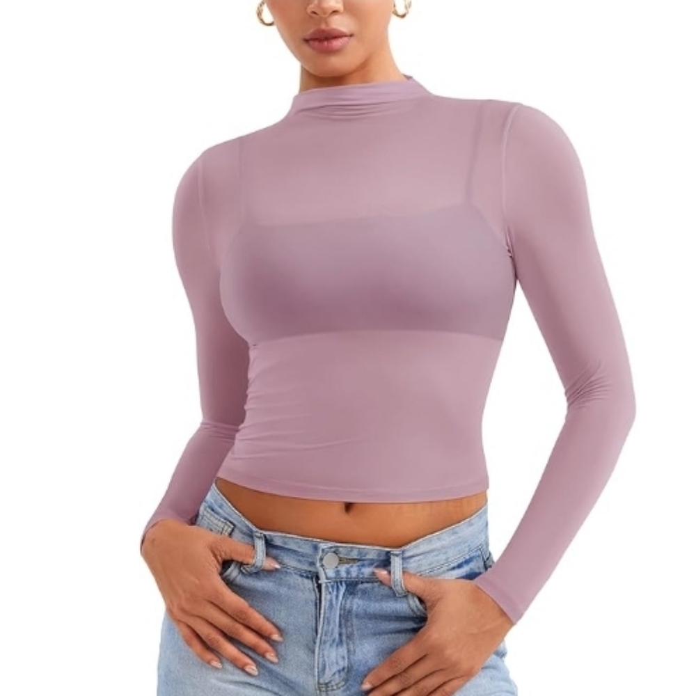 Sheer Top Long Sleeve See Through Mock Neck Slim Fit Shirt Purple